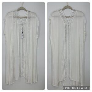 BCBGeneration Boho Kimono Swim Beach Cover Up Crochet Lace Crinkle Gauze White